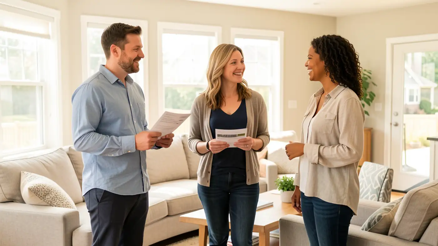 Couple touring a bright suburban home with a friendly real-estate professional