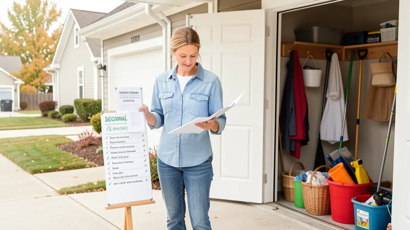 Homeowner reviewing a seasonal maintenance checklist with basic home-care tools