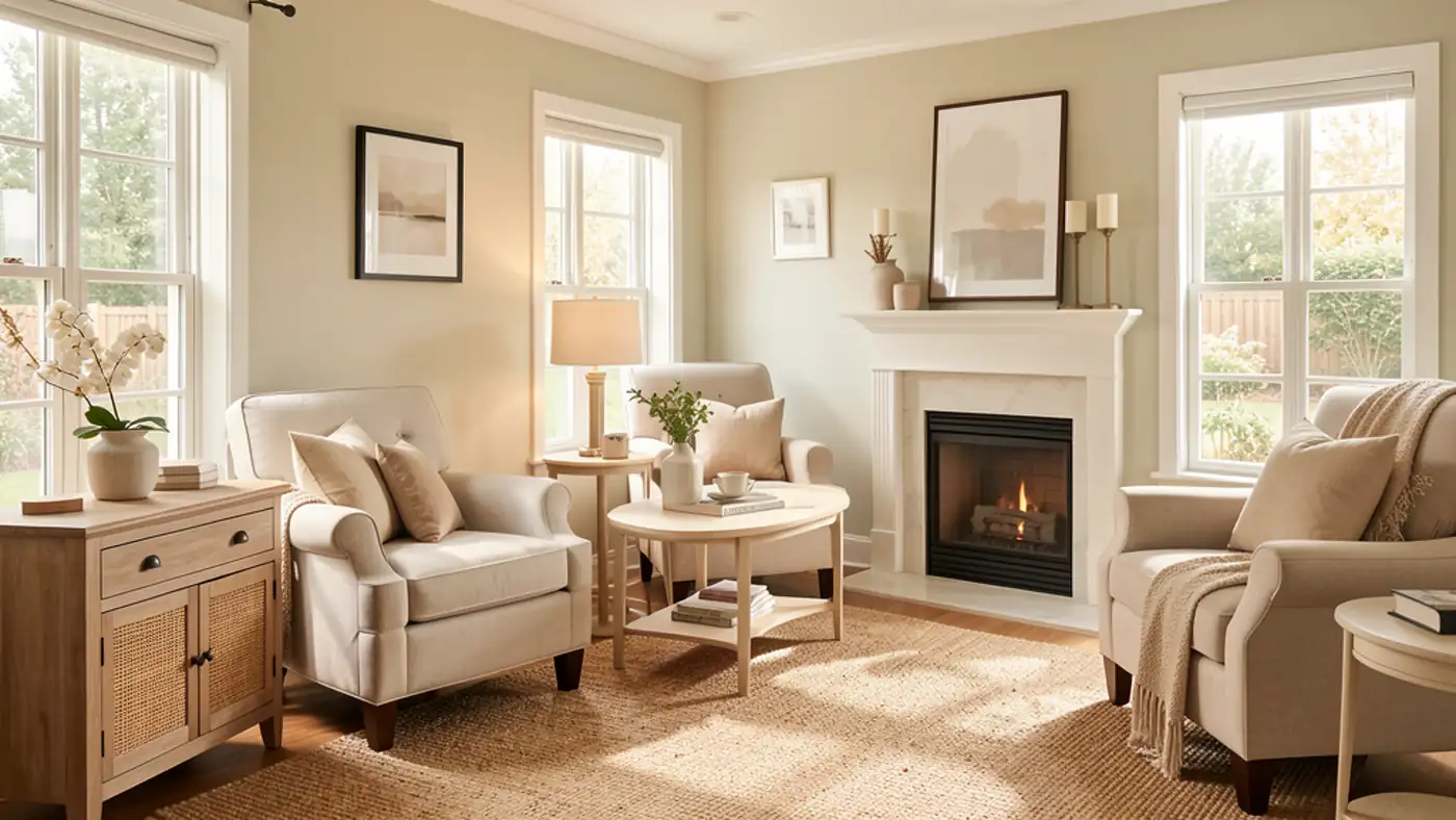 A suburban room being prepared and staged before a home sale