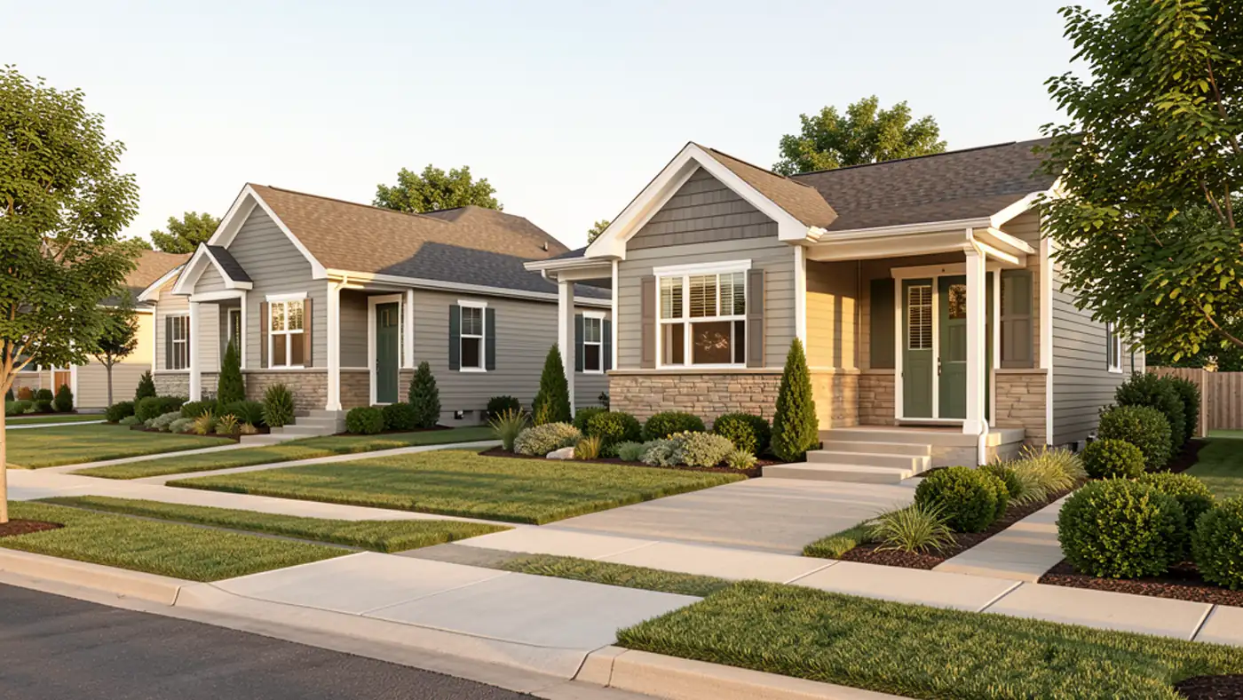 Compact low-upkeep suburban homes with neat landscaping and sidewalks