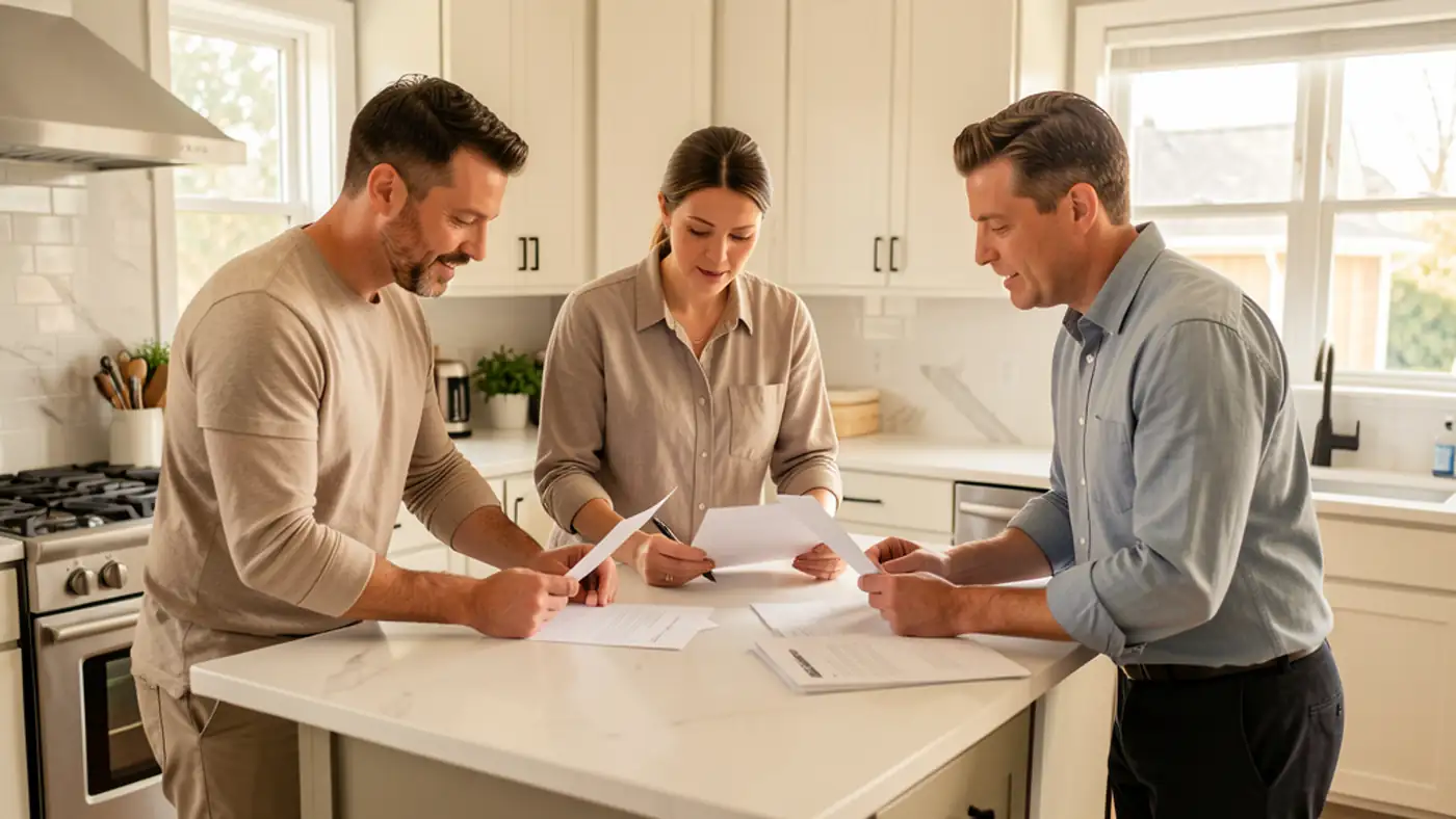 Homeowners preparing a bright kitchen and reviewing selling details together