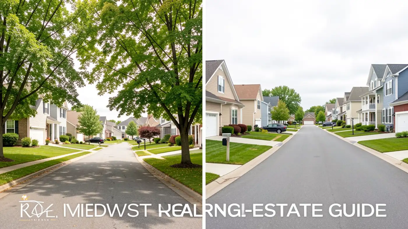 Split-scene suburban streetscape representing a comparison between two nearby Des Moines metro housing markets