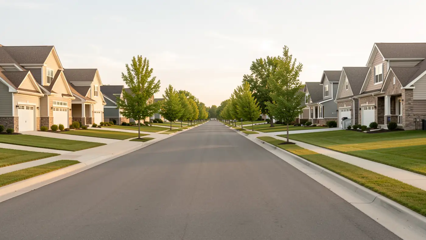 Suburban neighborhood and roadway scene representing two nearby housing-market patterns in the Des Moines metro
